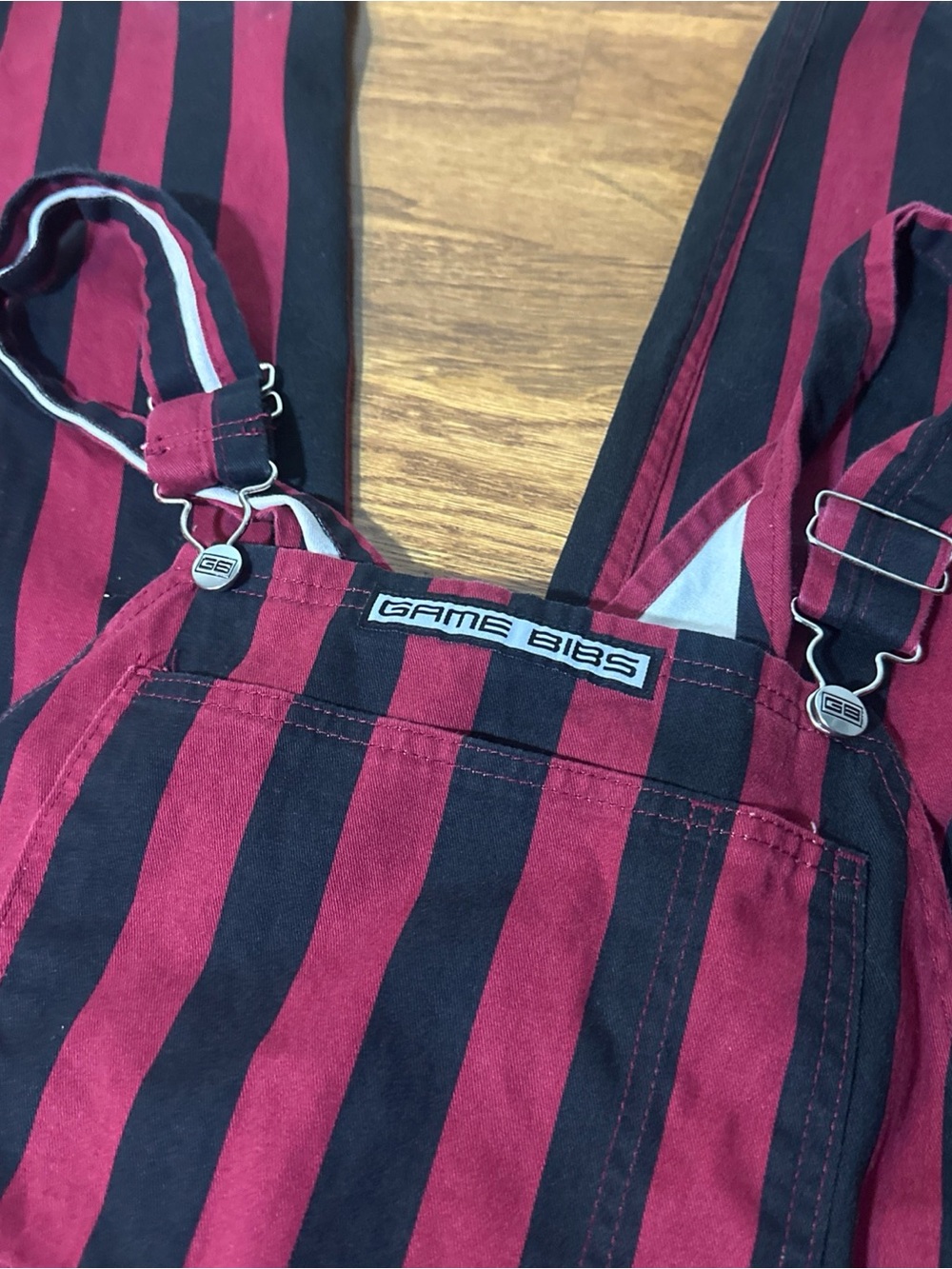 Game Bib Overalls Adult Size M Maroon Red/Black College Stripes Game Cocks?